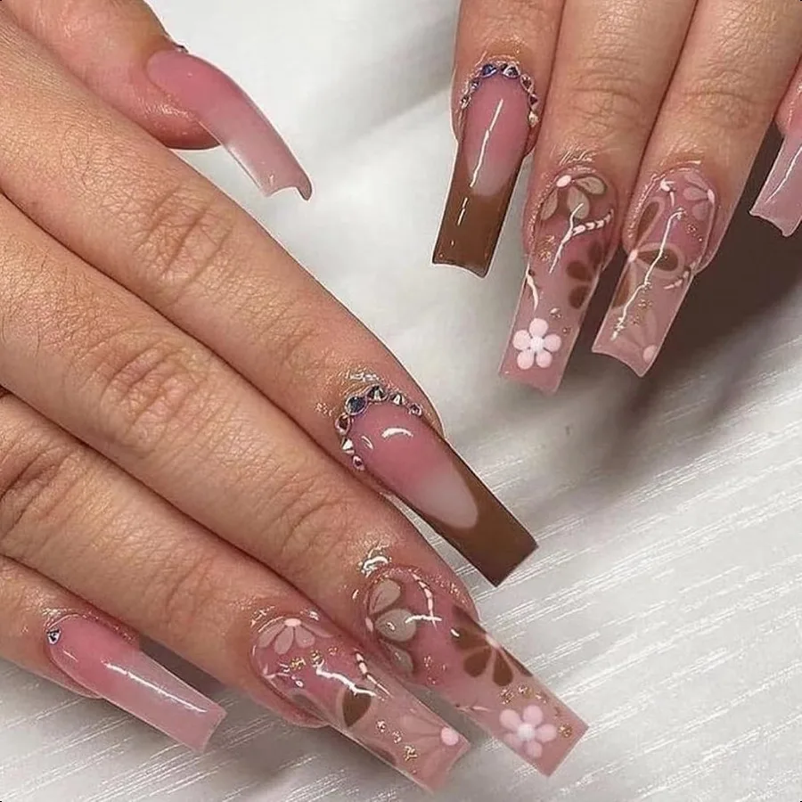 

Pr on Nails Long Coffin Glue on Nails with Red Brown Acrylic Fall Flowe 24 pcs