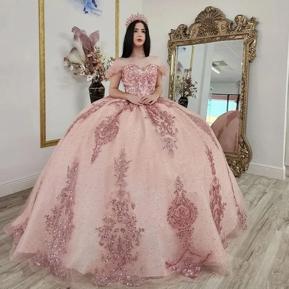 Pink Off-Shoulder Quinceanera Dresses Vestidos De 15 Anos Glitter Tulle Sequined Lace Masquerade Birthday Party Gowns HOT