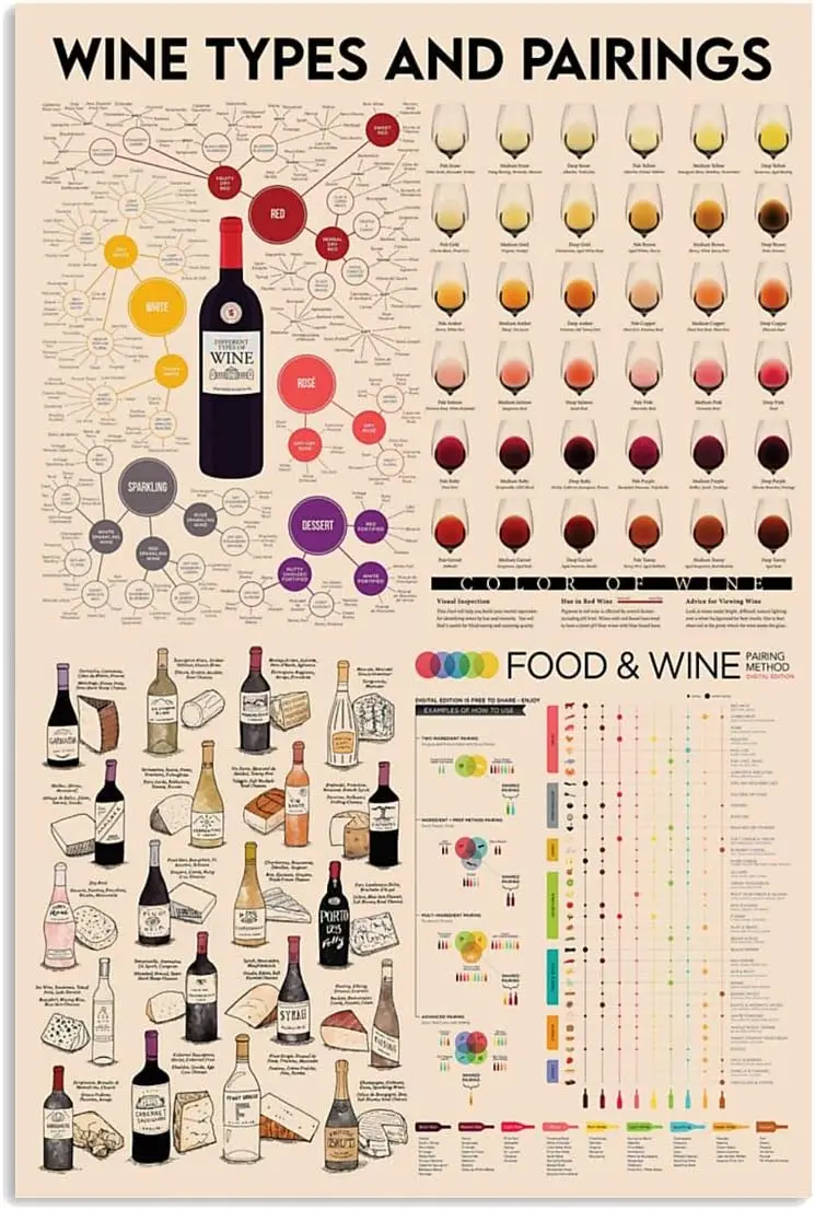 Panneau Métallique Vintage JIUFOTK : Types de Vins et Accords – Décoration de Bar, Connaissance du Barman, Affiche en Étain pour Maison, Club, Café, Décoration Murale