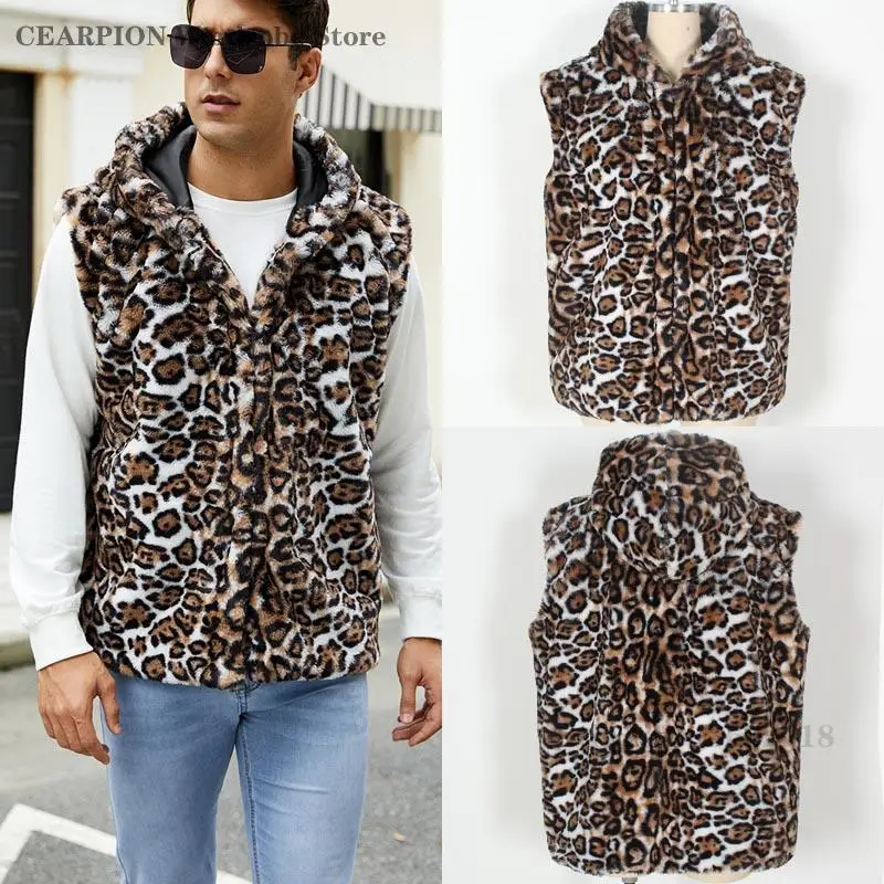

Men's Leopard Print Vest Fashion Autumn Winter Man Outerwears Hooded Waistcoat Thick Warm Sleeveless Jackets Casual Coat Tops
