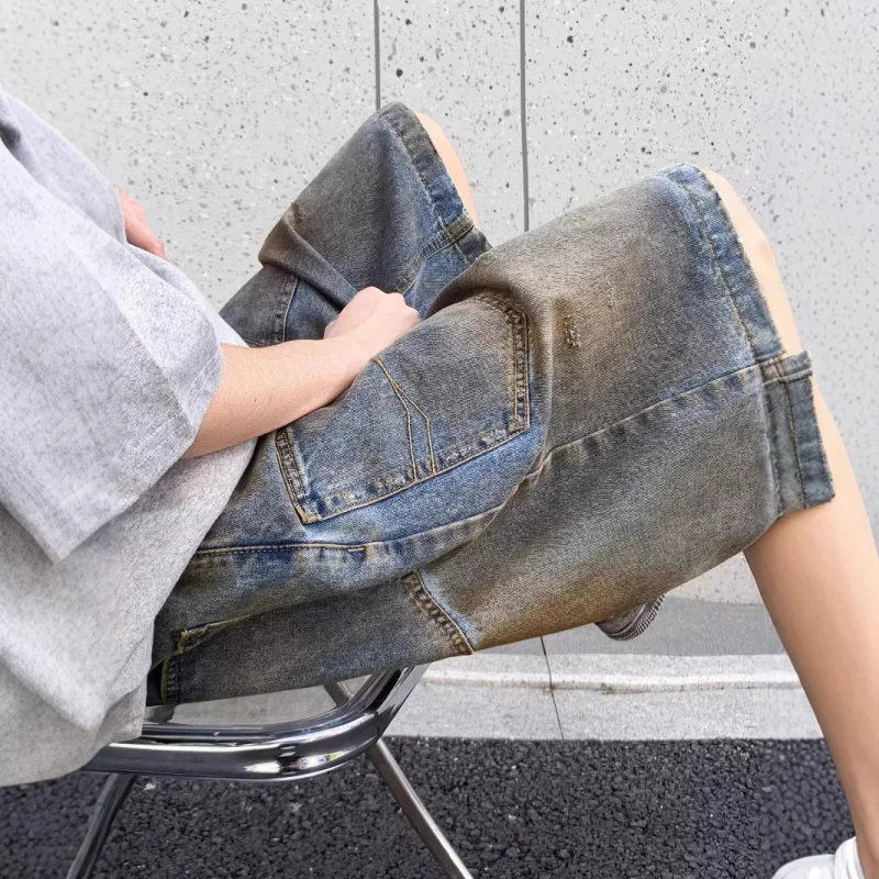 شورت رجالي صيفي جديد أمريكي ريترو عصري مغسول بتصميم عتيق شورت فضفاض بخمس نقاط