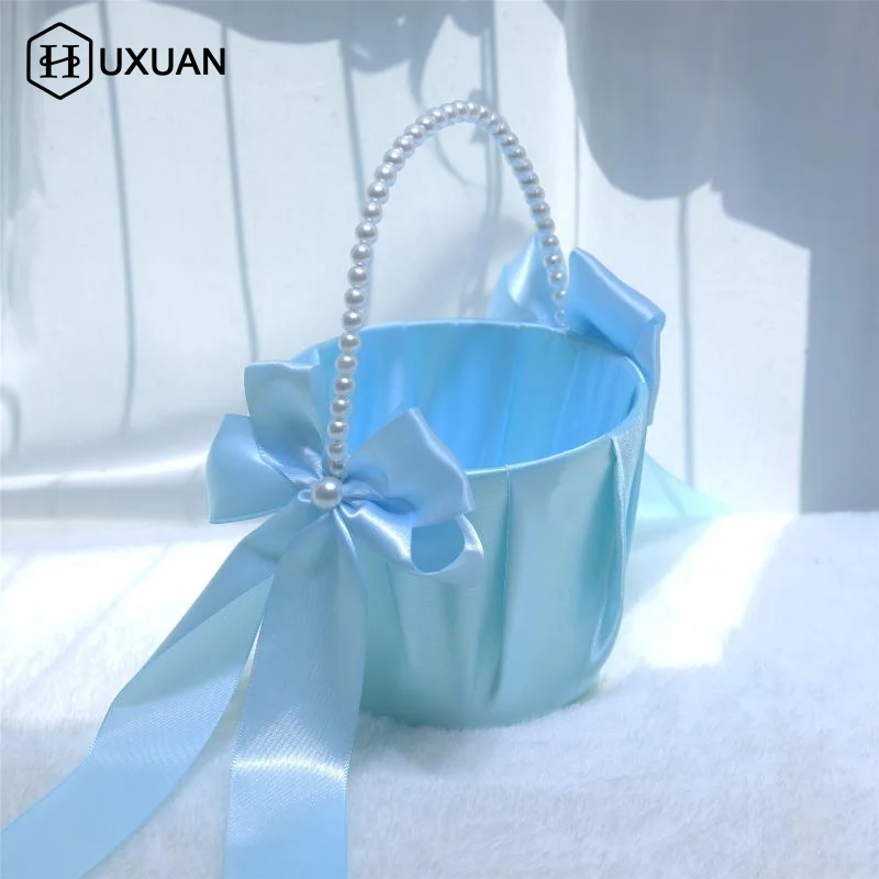 Flower Girl Basket White  Handle Satin Ribbon Bow for Bridal Wedding Ceremony Supplies Petals Holder Decorations