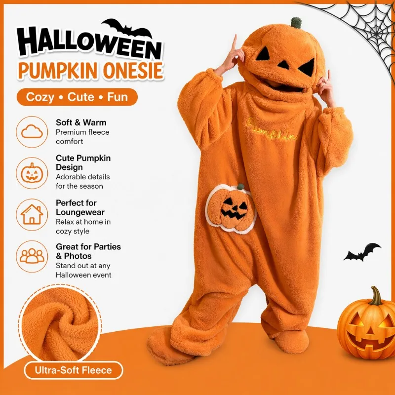 1PCS Pumpkin Pocket Cartoon Halloween Pajamas Soft Coral Fleece Autumn Winter Warm Funny Ladies One Piece Loungewear Costume
