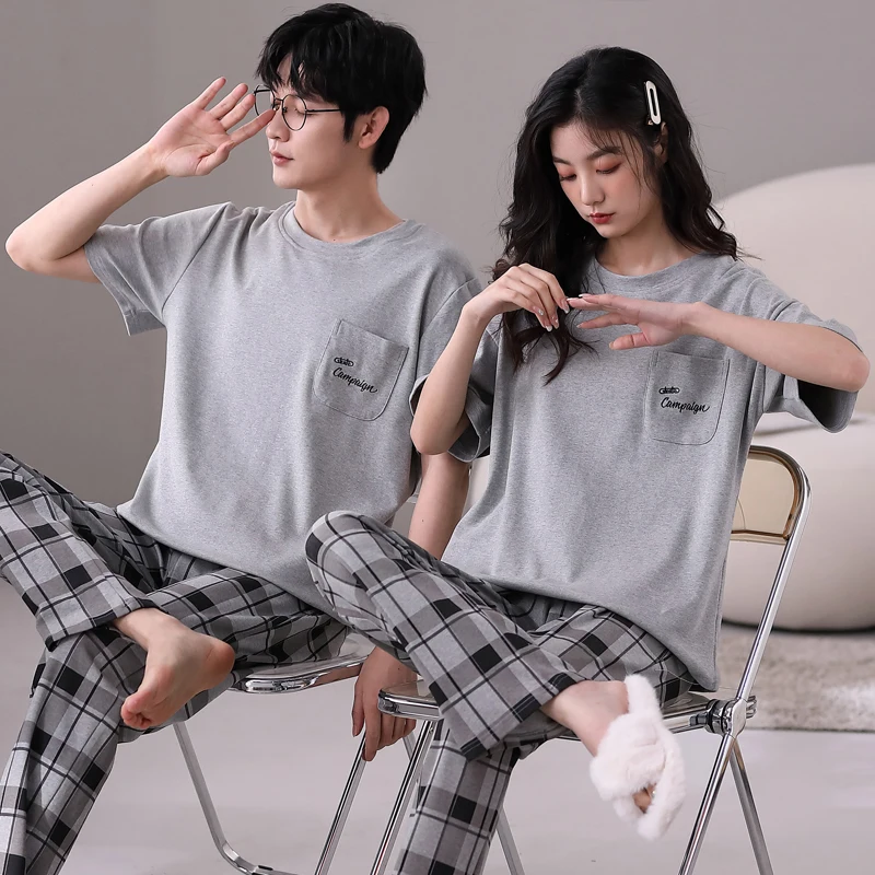 

Couple Pajamas Set 70% Cotton Summer Short Sleeves Pants Home Suit Lovers Sleepwear Comfortable Two-piece Female Pajamas Man