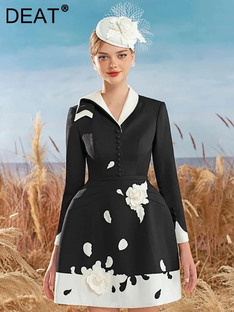 

DEAT Elegant Dress 3D Flower Contrast Color Lapel Spliced High Waist Long Sleeve Women's Party Dresses 2024 Autumn New 13DB3805