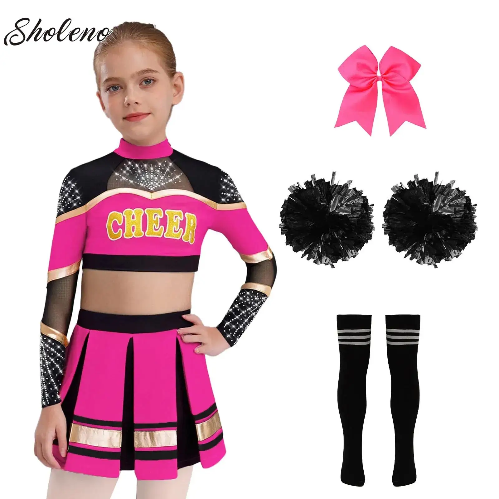 

Cheerleading Costumes Dance Uniform Set for Girls Long Sleeves Dance Crop Top+Skirt+Hand Flowers+Headwear+Socks Stage Carnival