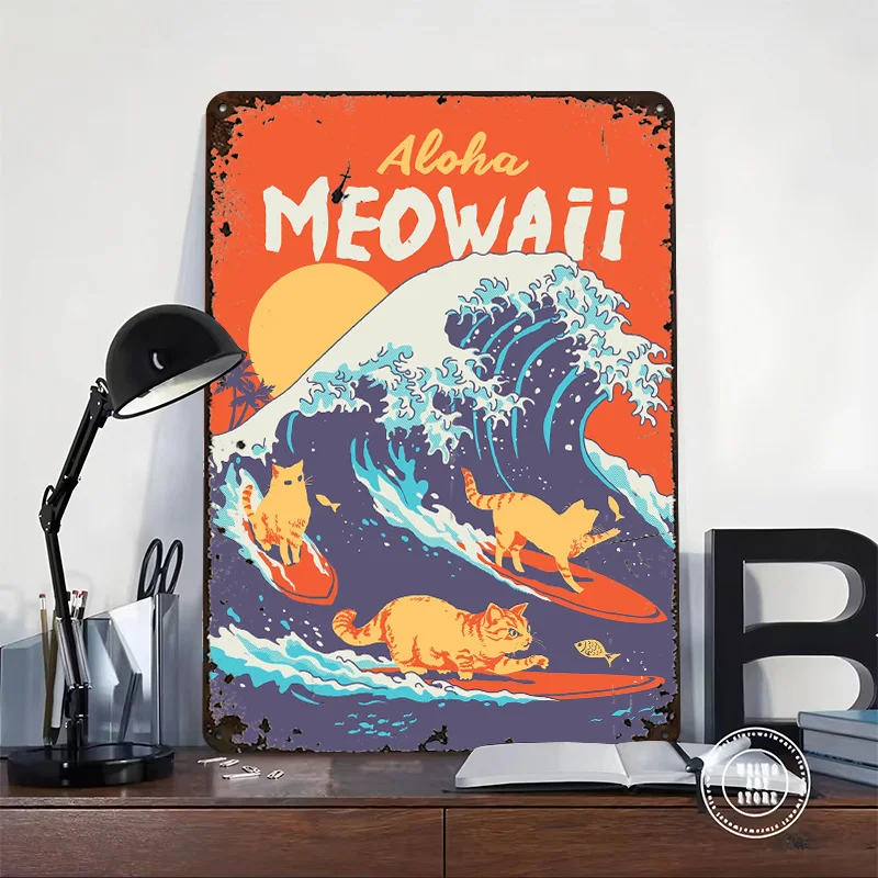 Aloha Meowaii Cats Surfing Personalized 3D Textured Metal Poster Wall Art Tinplate Sign for Luxury Decoration Home Decor Items