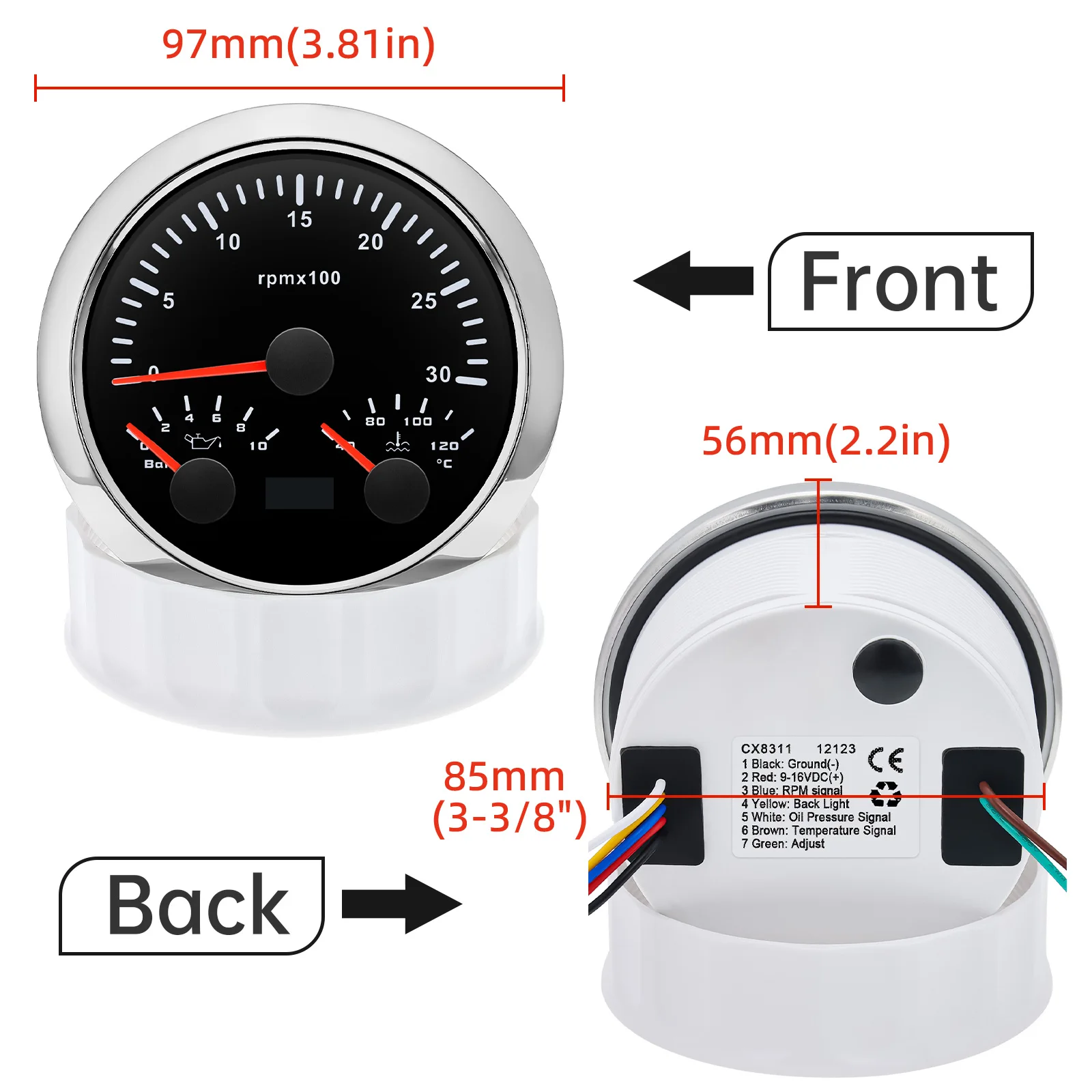 3 IN 1 85mm Car Tachometer Fuel Level Meter Voltmeter with 7 Color Backlight Waterproof Pointer Gauge for Car Truck Boat 12V 24V