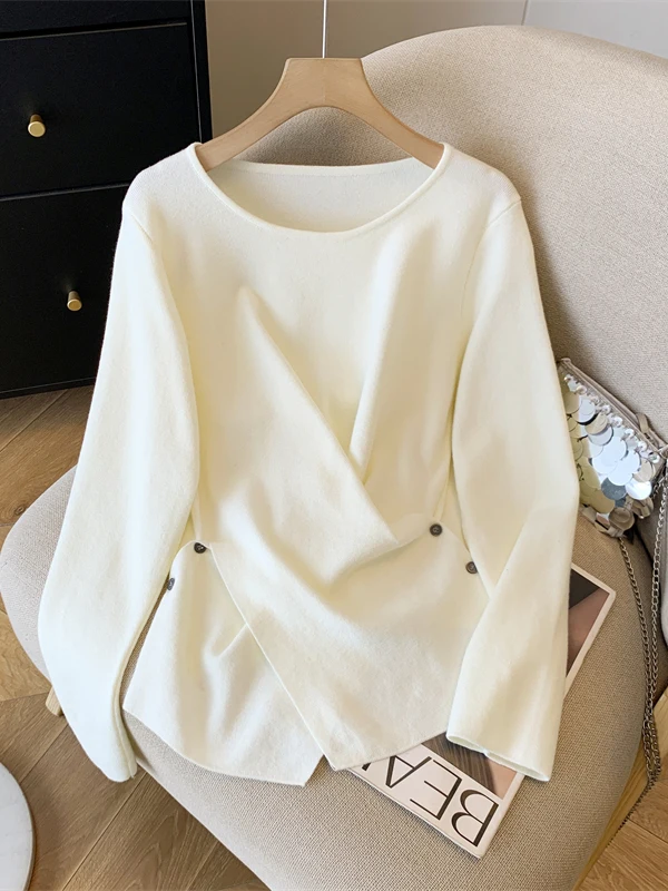 

Корейский японский элитный круглый трикотажный базовый слой для женщин больших размеров с асимметричным перекрестным подолом, модный топ, повседневный свободный крой