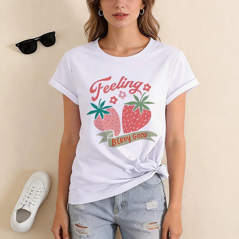 Damen-T-Shirt mit Erdbeer-Print, Frühling/Sommer, Rundhalsausschnitt, Kurzarm, Vintage Y2K-Oberteil
