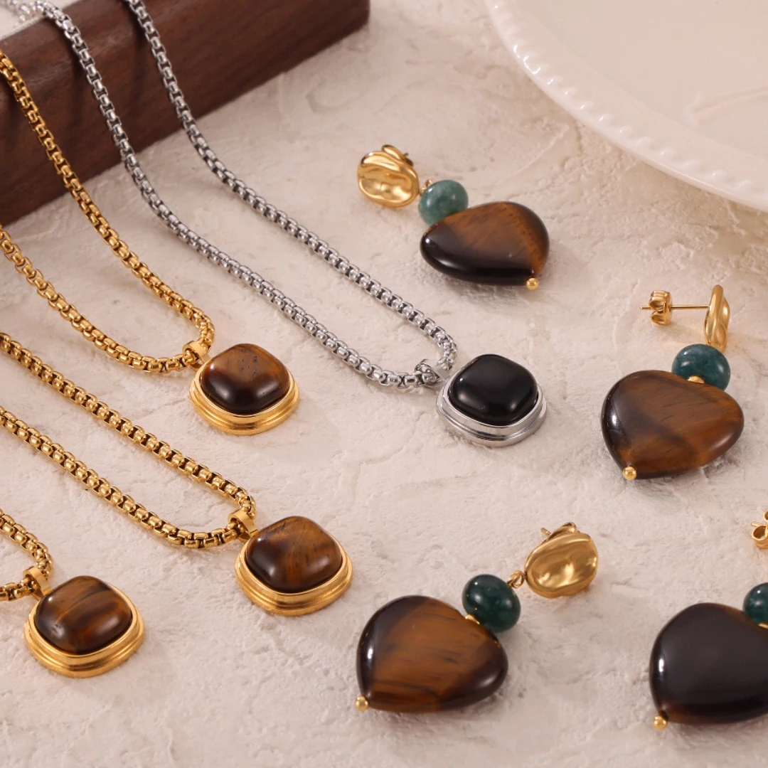 Retro Necklace Drop Earrings for Women with Love Square tiger-eye Stones No Rusted Stainless Steel Jewerly