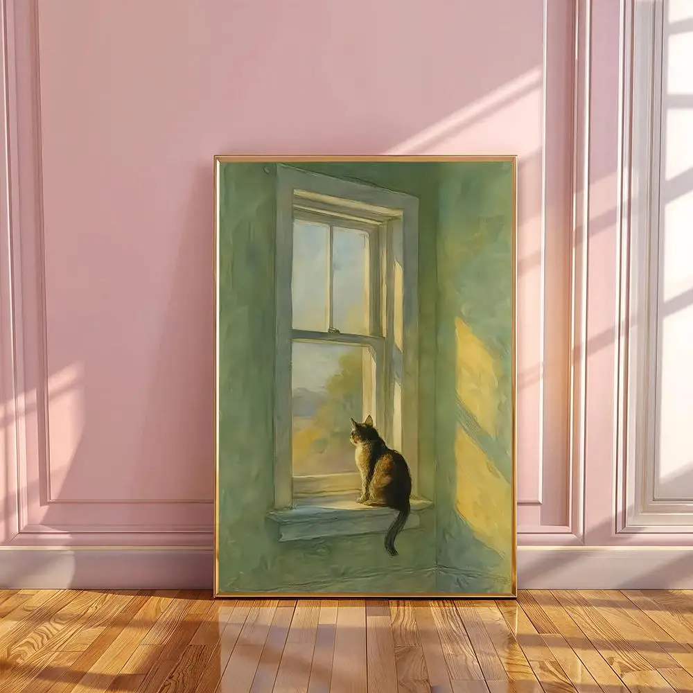 Golden Hour Window Cat HD Wall Art Poster Dreamy Watercolor Soft Light Pastel Windowsill Calming Bedroom Home Decor Cat Lover