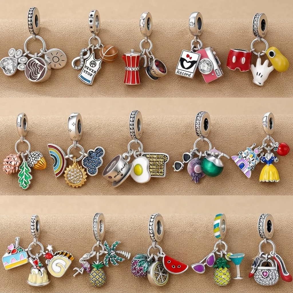Cartoon Fruit Dessert Sport Travel Holiday Dangle Big Hole Charms Pendant Fit Snake Chain Bracelet Necklace DIY Jewelry Gift