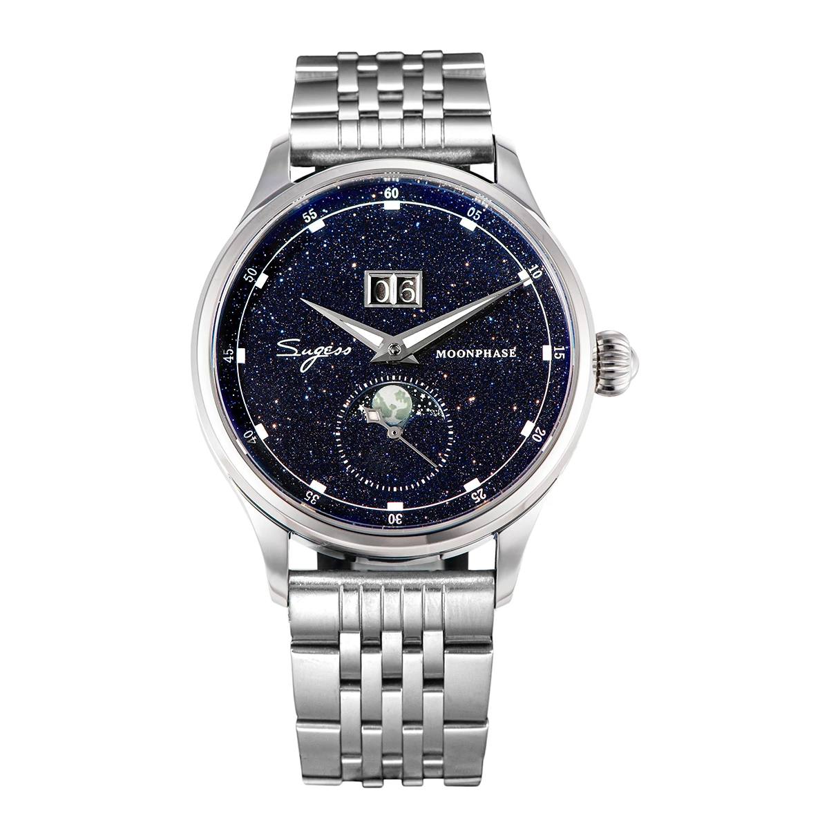 Sugess Moonphase Horloge van Mannen 40mm Automatische Mechanische Horloges Origin ST2528 Beweging Roestvrij Staal Blauwe Zandsteen Wijzerplaten