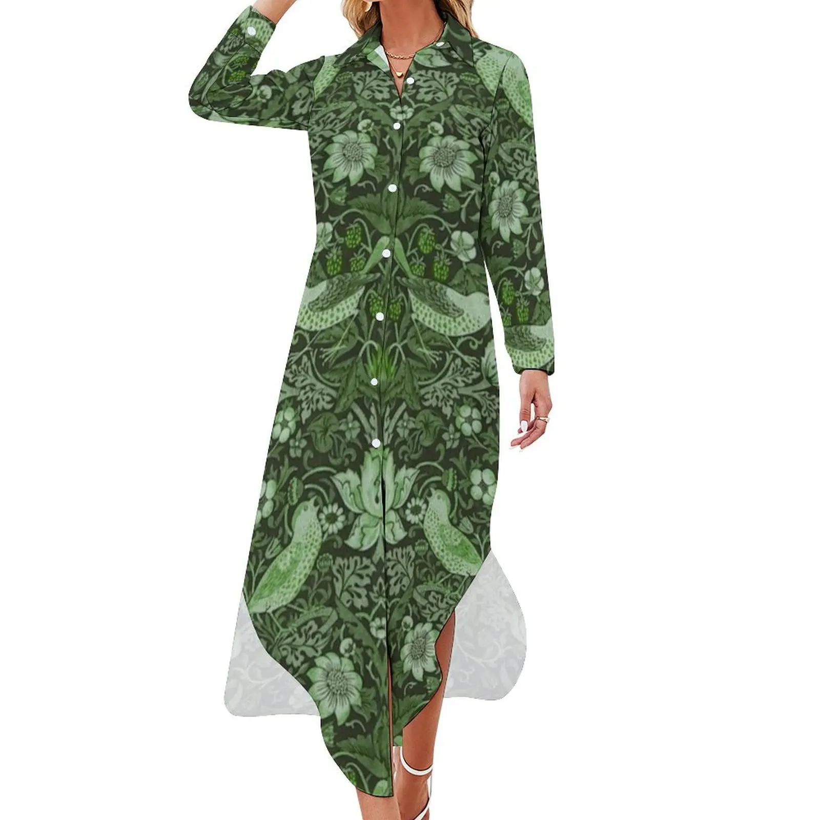 William Morris - strawberry thief, green Long Sleeved Shirt Dress cocktail dresses summer dresses women 2024