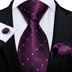 2023 New Purple Men's Ties Luxury Plaid Dot Solid Silk Ties Business Formal 150cm Necktie Pocket Square Cufflink Suits Accessory