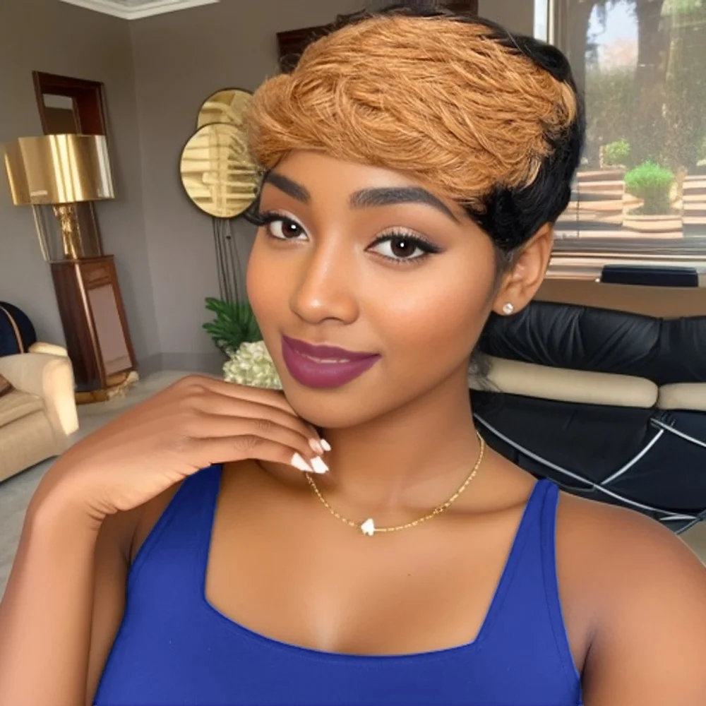 여성용 우아한 직선 인모 픽시컷 전체 기계 제작 가발, 데일리 파티용