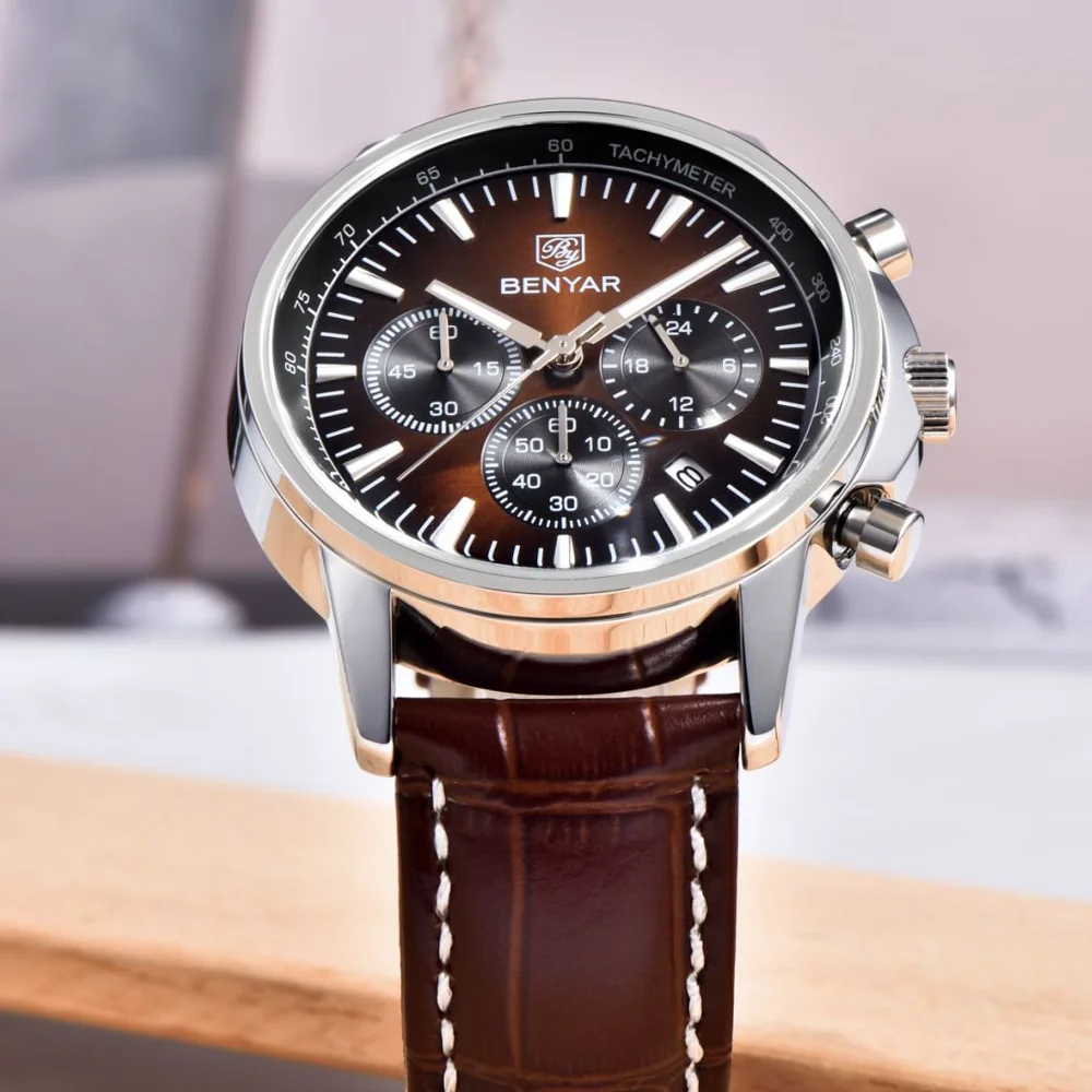 New BENYAR Luxury Watches For Men Date Chronograph Lrather Man Watch Waterproof Luminous Sport Military Men's Quartz Watch