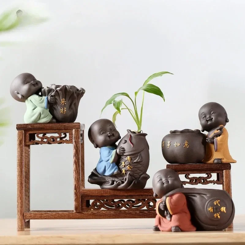 

Tea set accessories ceramic Tea pets decoration small Buddha statue monk doll desktop flower pot hydroponic plant decoration