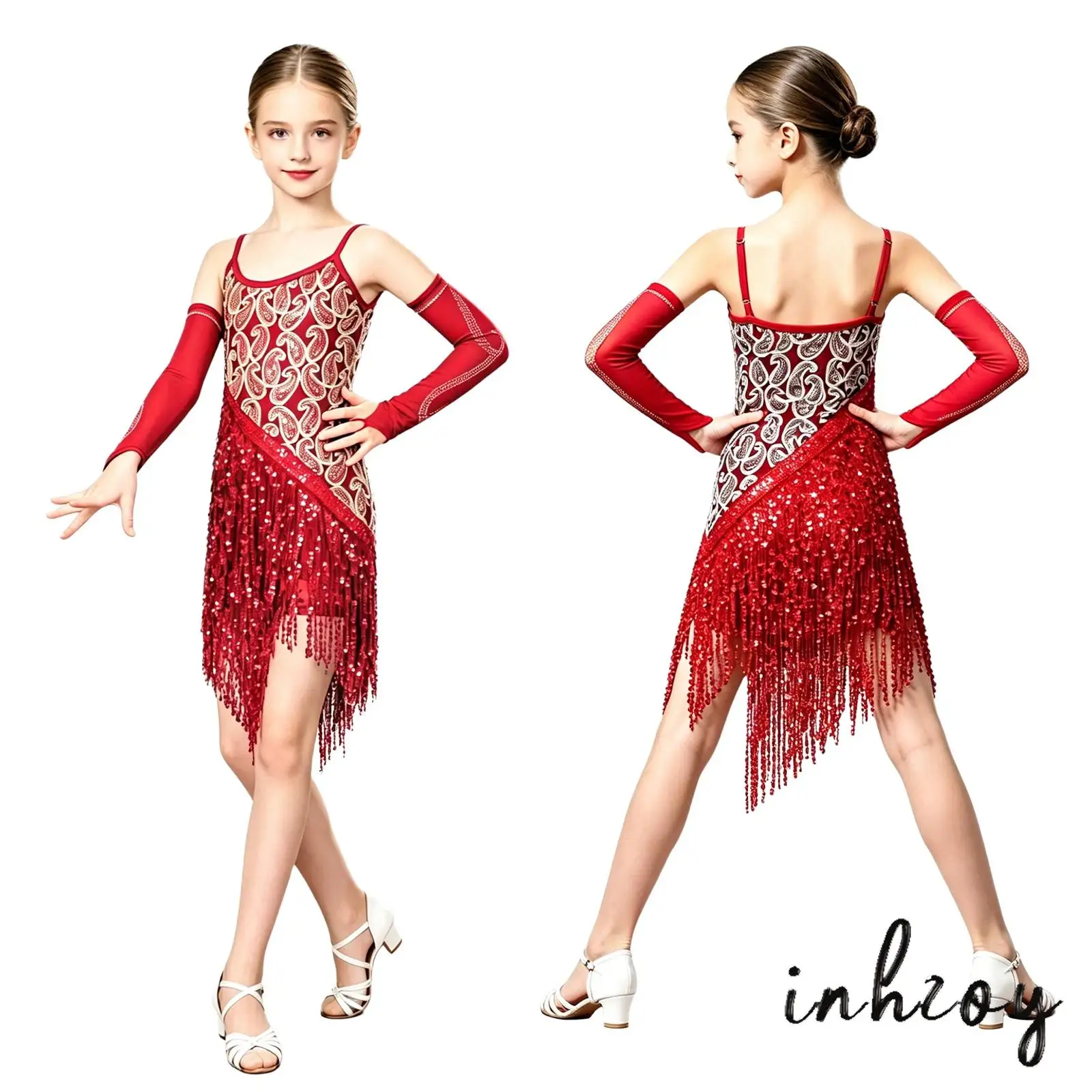 

Children Lyrical Tango Dance Clothing Girls Tassel Latin Salsa Dance Dress with Gloves Set for Figure Skating Dance Competition