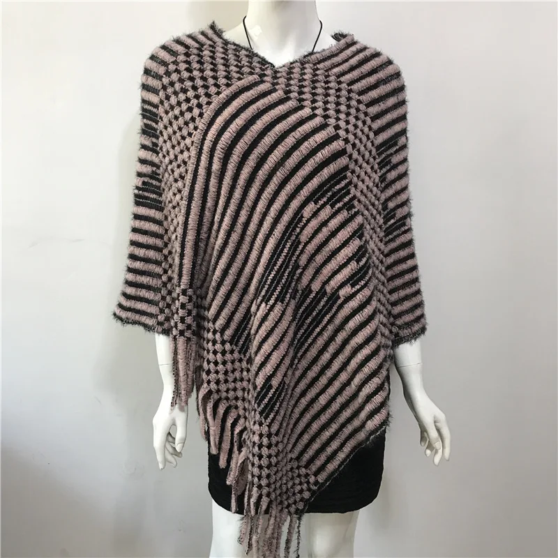 

2022 Spring Autumn New V-neck Diamond Stripe Tassel Cloak Female Sweater Women Knitting Poncho Cape Pullover Shawl Pink