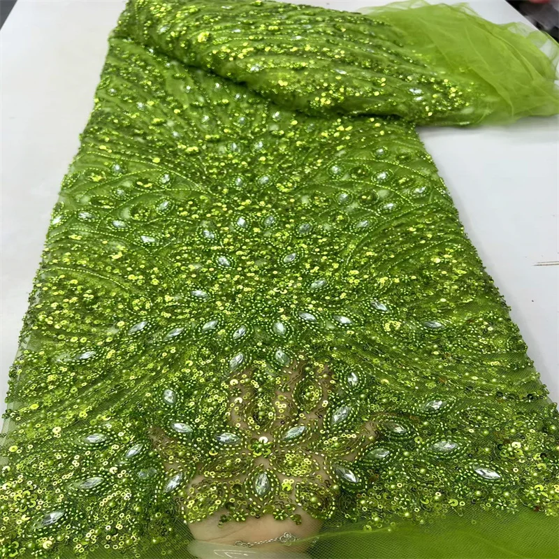

African Sequins Lace Fabric 2026 High Quality 5 Yards Beads French Nigerian Groom Lace Net Fabric For Sewing Dress Wedding Party