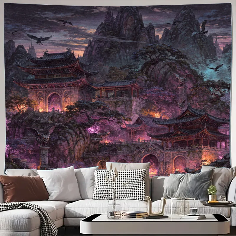 Ultra Large Chinese Fantasy Landscape Tapestry Wall Hanging Mural Decoration Oriental Palace Art Print Mystic Asian Style Home D