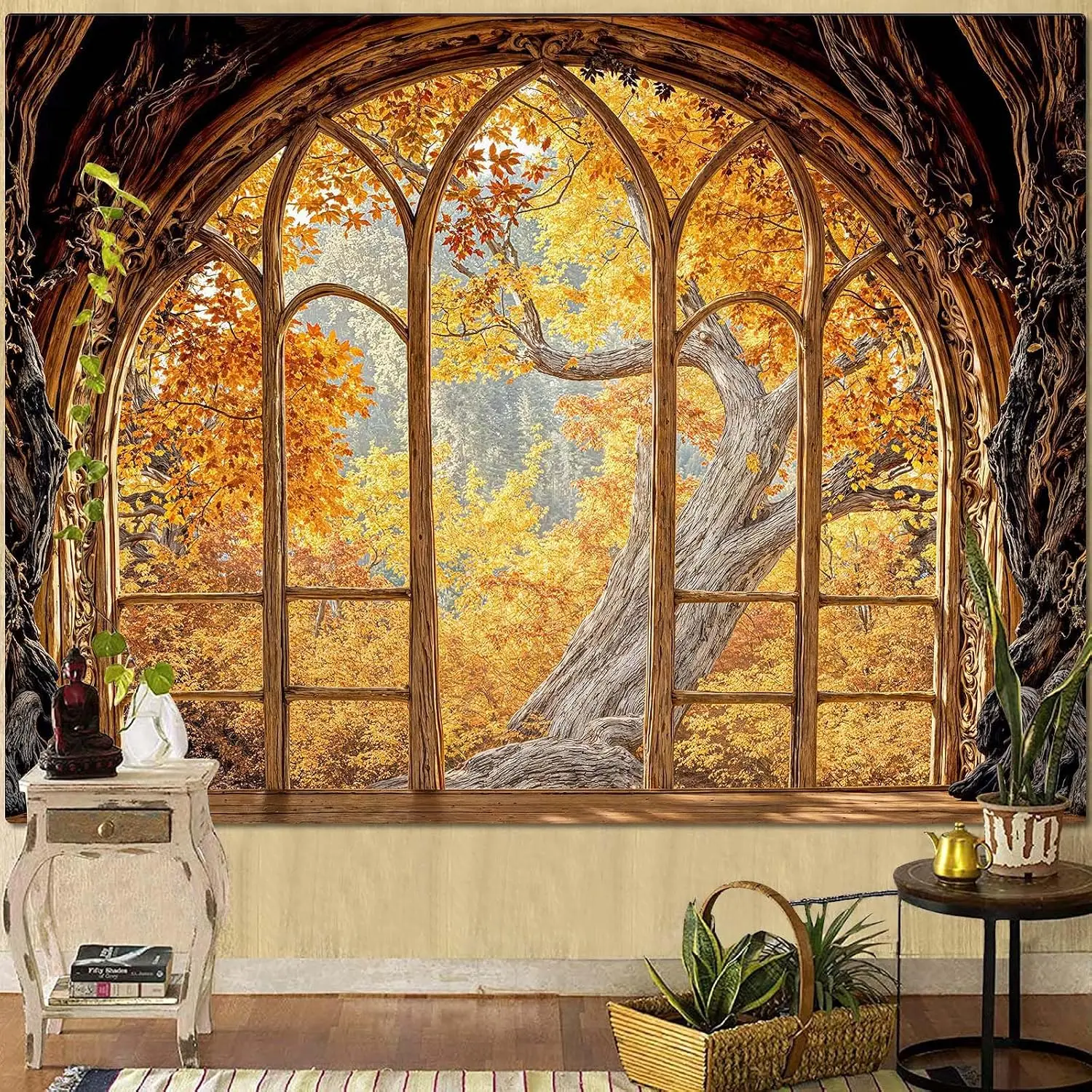 Large Autumn Forest Tapestry Window Mural Realistic Woodland View Wall Hanging Decorative Fall Home Decor