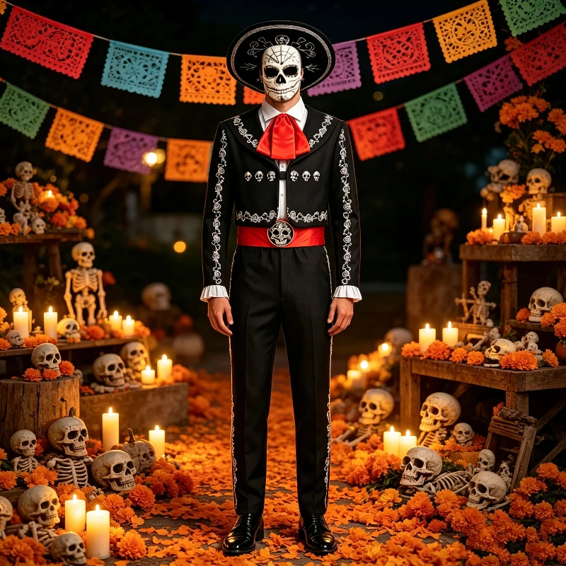 Tag der Toten Mexikanisches Traditionelles Retro-Totenkopf-Print Rollenspiel-Set Festival Herren-Totenkopfkostüm für Halloween-Bühnenauftritte