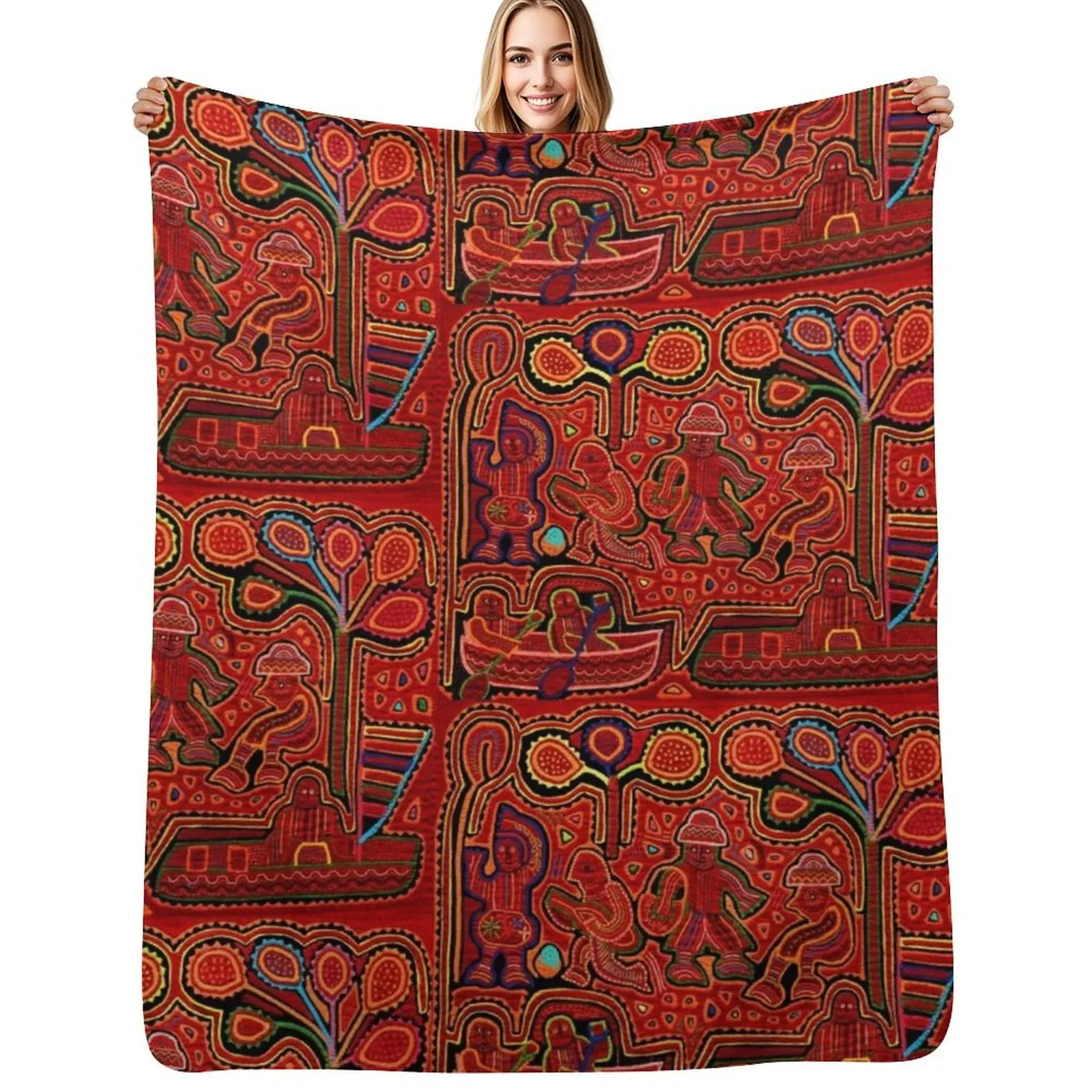 

Kuna Indian Men in Boats Throw Blanket Large Furry for sofa Polar Blankets