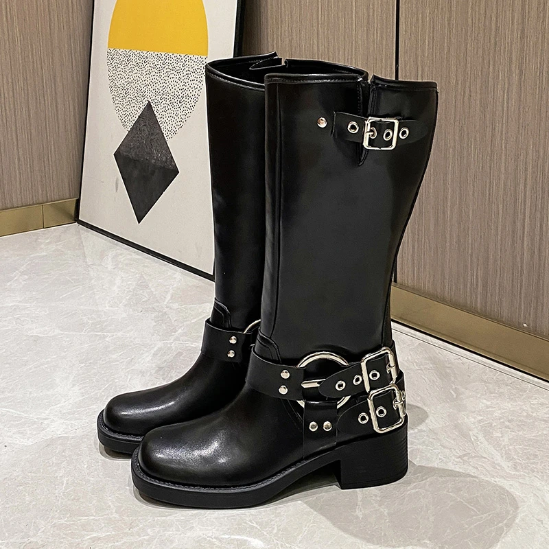 Fashion Buckle Knee High Boots for Women Winter 2024 Square Heels Western Long Boots Woman Black Pu Leather Punk Gothic Booties