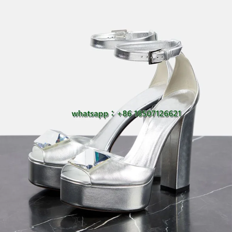 Silver Chunky Heel Rivet Peep-Toe Sandals Large Size Buckle Strap Thick-Soled High Heels Women's Shoes