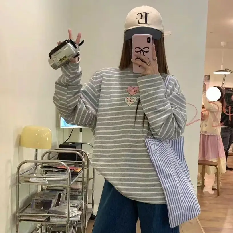 

Gagarich Korean Colorful Gray Little Love Embroidered Striped Hoodie 2024 Spring Niche Loose Lazy Sweatshirt Top