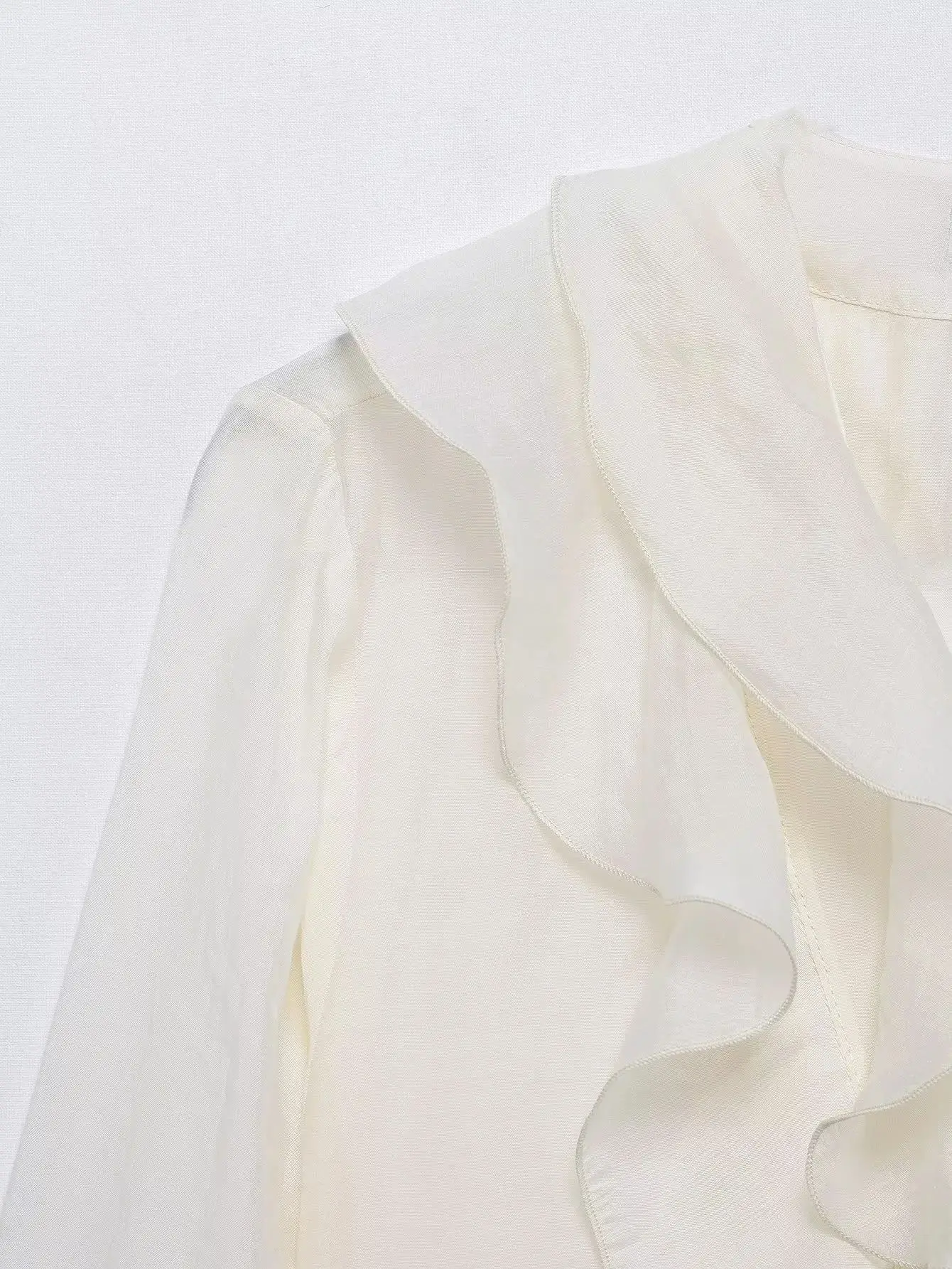 HH Damen Elegante Dünne Einfarbige Sommer-Bluse mit Rüschen, V-Ausschnitt und Puffärmeln, Lässige Damenbluse für Frühling 2026 und Abschlussfeier – Detail 10