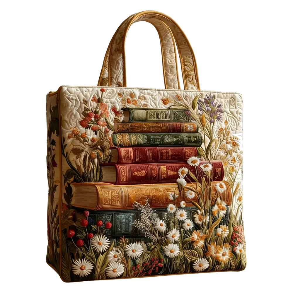 Bohemian Floral Stacked Books Quilted Tote Women Daily Shoulder Bag Handbag For Shopping