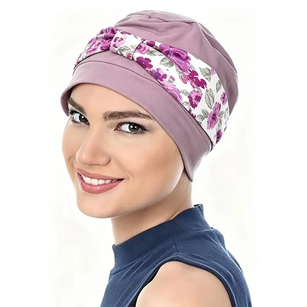 Soft Elastic Pre-Tied Turban Hat Solid Base Floral Print Head Wrap Beanie Pre-Tied Bow Stretchy Fabric Hair Loss Head Cover