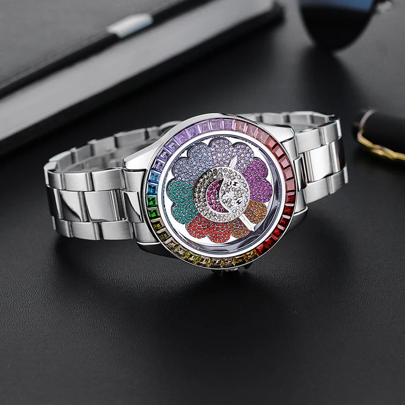 Hot Sale Funny Watch For Men Luxury Diamond Rotating Sunflower Dial Watches Man Fashion Steel Luminous Waterproof Wristwatch New