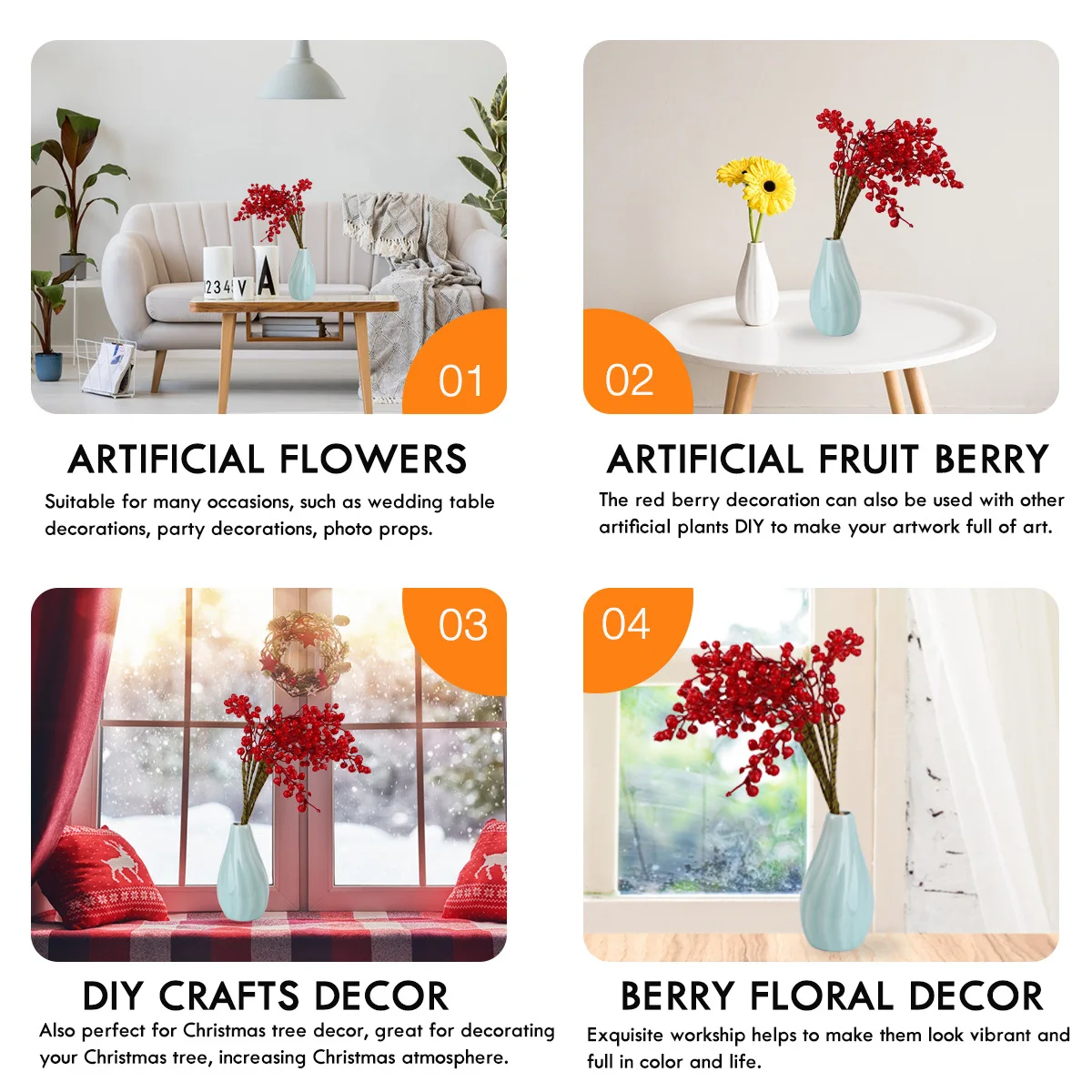 

Artificial Pip Berry Stems Red Berries Decoration Realistic Holly Flower Branch for Christmas Tree Wedding Party DIY Crafts