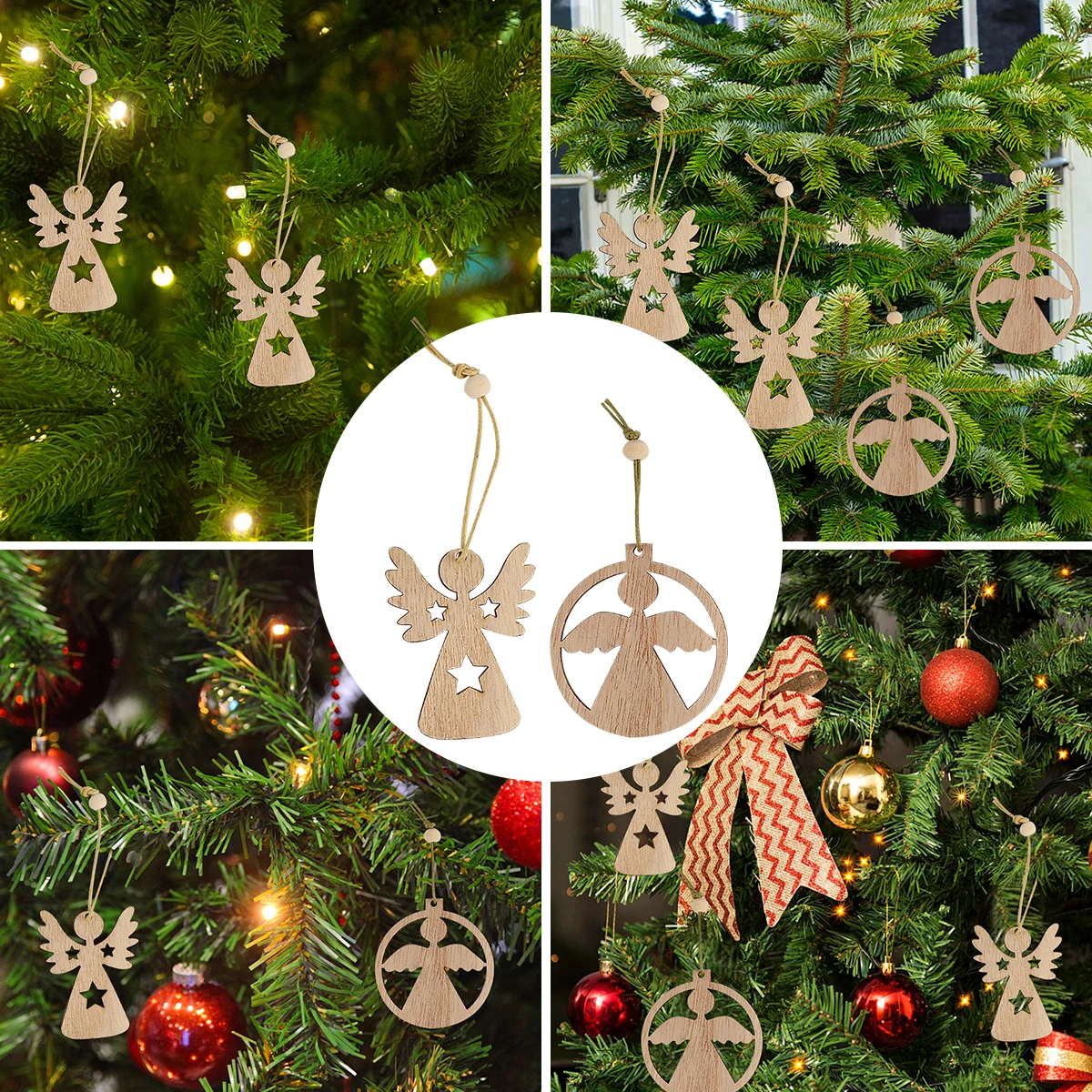 

12 Pcs Wooden Pendant Christmas Tree Ornament Decoration Party Angel Shaped Hanging Decorations Ornaments