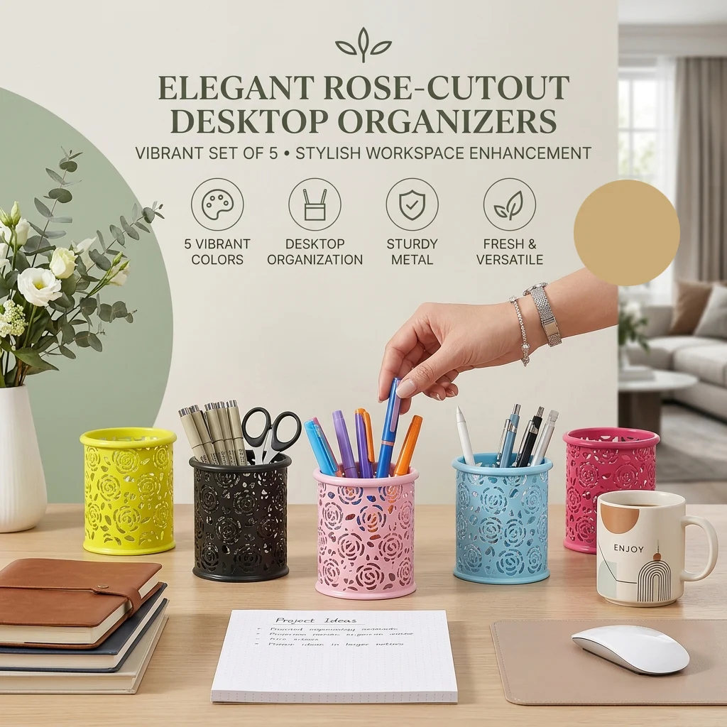 Creative Hollow Rose Pattern Pen Pot Holder,Fashion Desktop Cup Makeup Brush Container,Metal Mesh Pencil Holder For Office Home