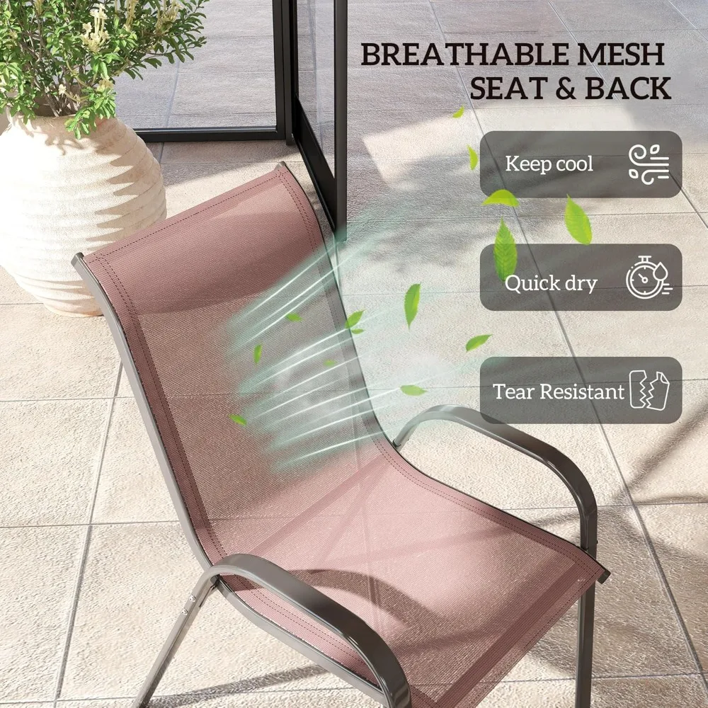 مجموعة كراسي تناول الطعام في الهواء الطلق مكونة من 4 قطع، كراسي تناول الطعام في الفناء قابلة للتكديس، وكراسي فناء خارجية عالية الظهر مع مقعد شبكي مسامي