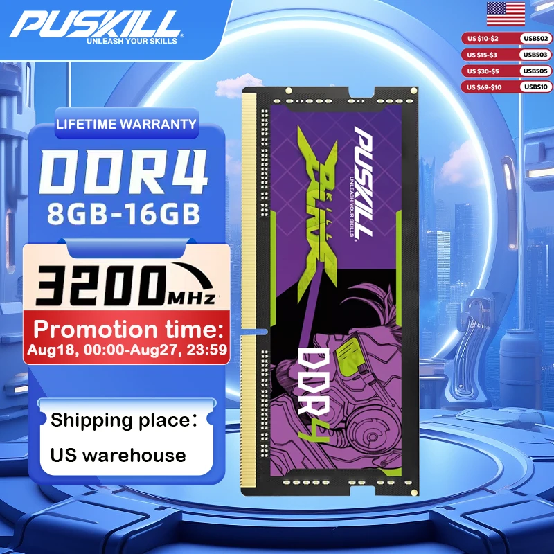 

PUSKILL Killblade Memória Notebook Ddr4 16 ГБ 8 ГБ 1,2 В 3200 МГц 2666 МГц 260-контактный SODIMM Memoria RAM Память для ноутбука