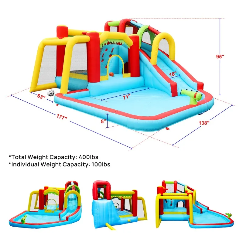 Parque aquático inflável 7 em 1, casa saltando, jardim de futebol ao ar livre, pouncer com piscina respingo, pistola de água e parede de escalada