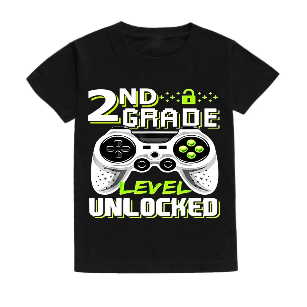 2ND GRADE LEVEL UNLOCKED Boy Tees Summer Round Neck Short Sleeve Casual Top Kids 2024 Back To School Gift Tee