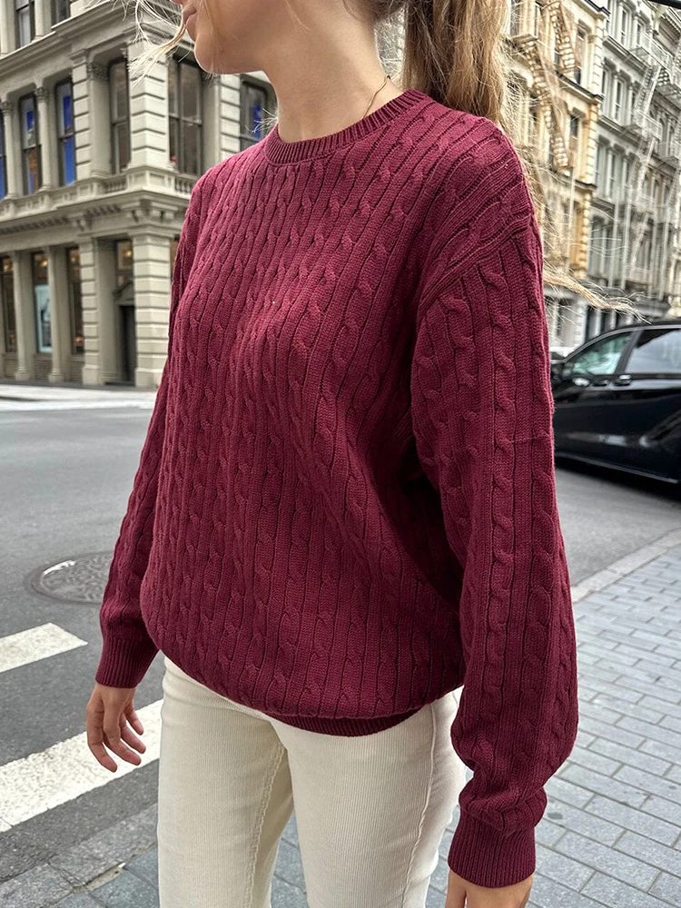 Vintage Twist Loose Knit Sweaters Autumn Cotton Round Neck Preppy Style Pullovers Jumper Women Y2k Streetwear Thick Sweater Tops