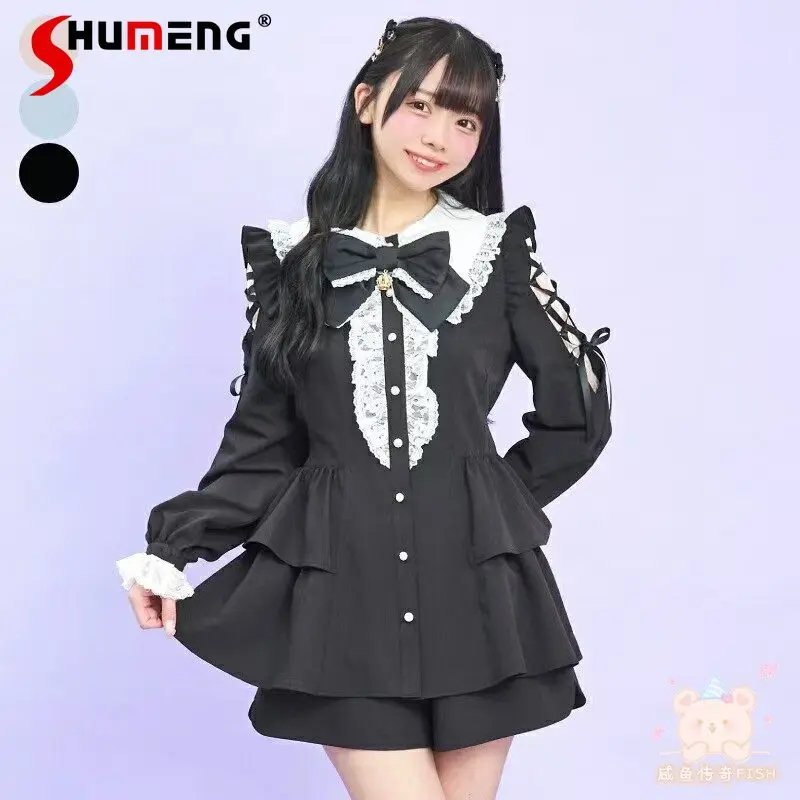 

Japanese Mines Style Mass-Produced Lace Spliced Round Collar Long Sleeve Sweet Cute Lolita Dress Shorts Two-Piece Set for Women