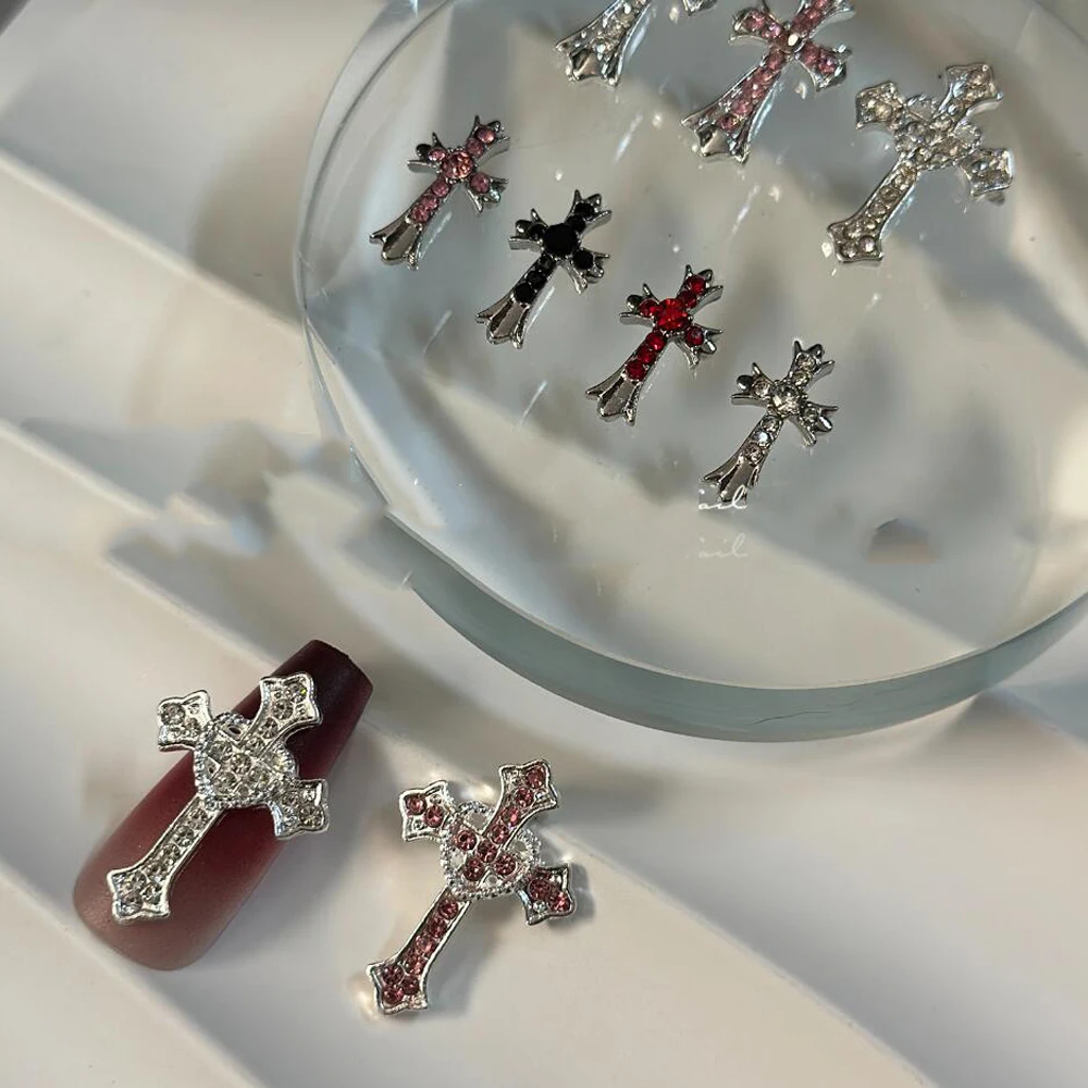 5pcs/Bag Full Crystal Diamond Cross-shape Pink Heart Rhinestones Sweet Cool Cross Metal Nail Charms 3D Retro Cross Nail Supplies