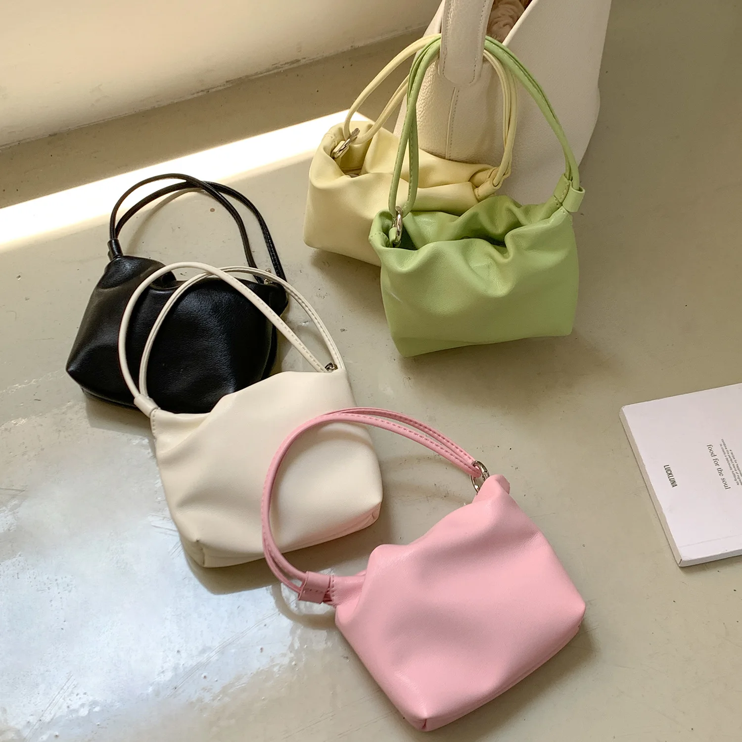 

Mini Ruched Women's Bag NEW Candy Color Soft PU Leather Handbags Casual Coins Lipstick Purses Small Card Holder Bags for Women