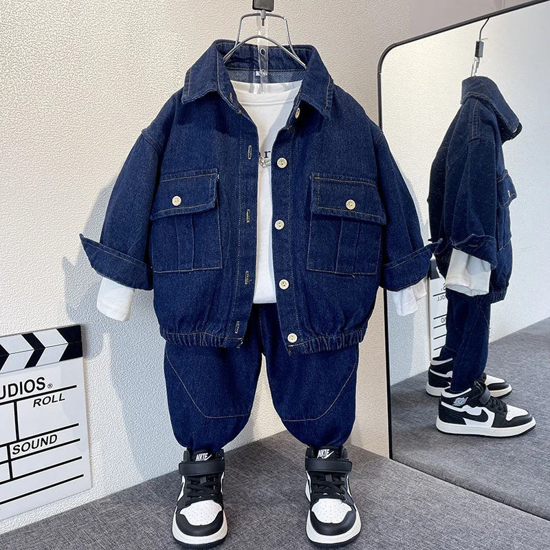 

Boys Coat +Pants Kids Suits 2PCS/Set Cotton 2024 Blue Jean Spring Autumn Cotton Jogging Suit Teenagers Children Clothing