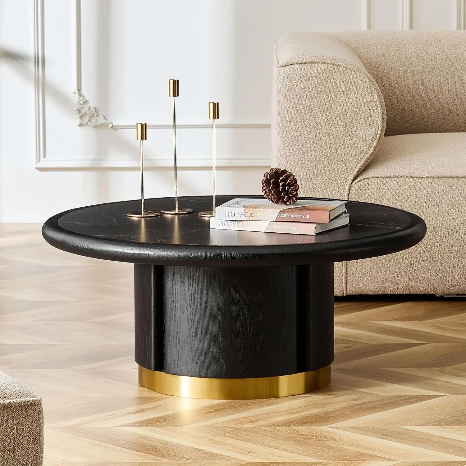 Round Coffee Table Sintered Stone Black Gold Wood Modern Center End Pedestal for Living Room Apartment Office, Customized